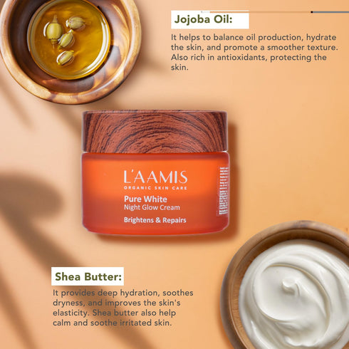 L’aamis Pure White Night Glow Cream |Brightens And Repairs The Skin | Overnight Skin Enhancer | Perfect For All Skin Types | 50 G